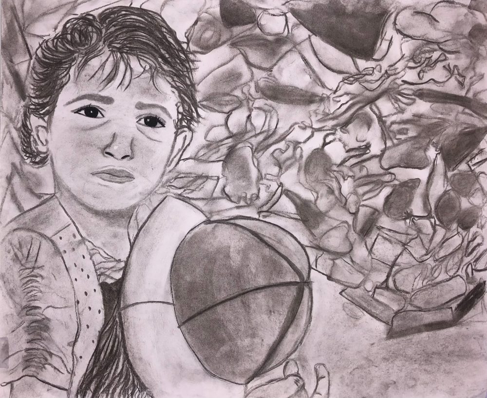 Drawing of a young child on the left side of the composition, looking at the viewer.