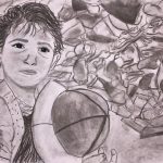 Drawing of a young child on the left side of the composition, looking at the viewer.