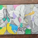 Abstract drawing with lines and some colors.