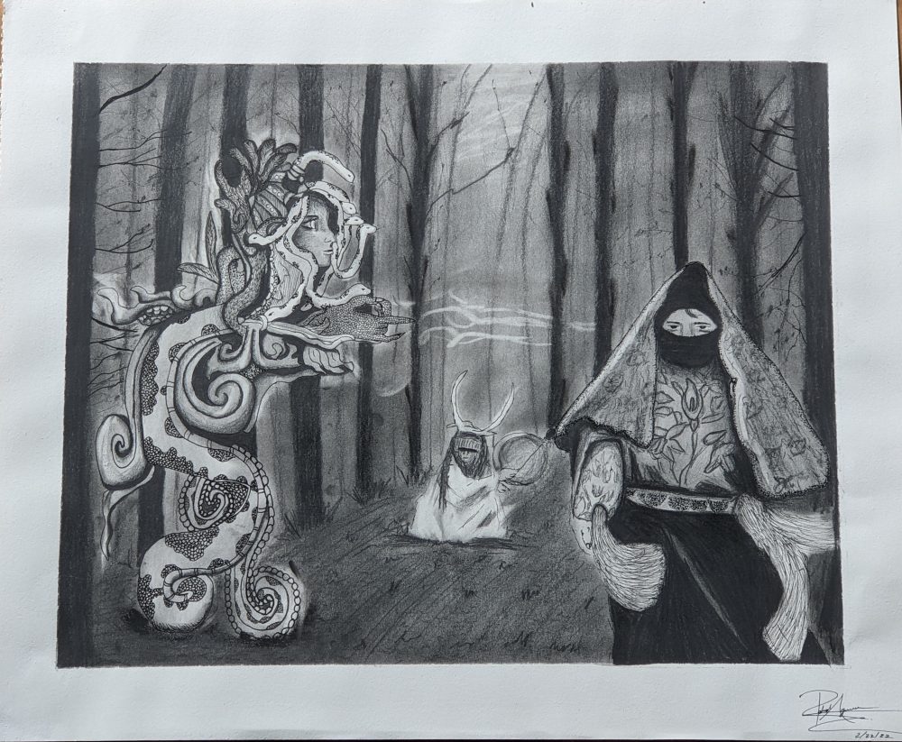 Three figures, A mix of Quetzalcoatl (Feminine Feathered-Serpent deity of ancient Mesoamerican culture with a medusa head) on the left, an indigenous healer with a drum in the mid back and a zapatista warrior on the right.