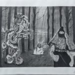 Three figures, A mix of Quetzalcoatl (Feminine Feathered-Serpent deity of ancient Mesoamerican culture with a medusa head) on the left, an indigenous healer with a drum in the mid back and a zapatista warrior on the right.