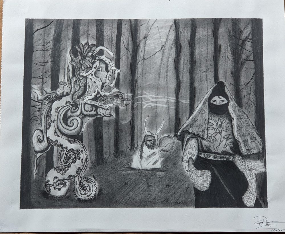 Three figures, A mix of Quetzalcoatl (Feminine Feathered-Serpent deity of ancient Mesoamerican culture with a medusa head) on the left, an indigenous healer with a drum in the mid back and a zapatista warrior on the right.