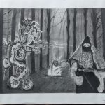 Three figures, A mix of Quetzalcoatl (Feminine Feathered-Serpent deity of ancient Mesoamerican culture with a medusa head) on the left, an indigenous healer with a drum in the mid back and a zapatista warrior on the right.