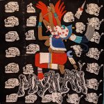 A painting depicting the Goddess Mictecacihuatl, coming out of her mouth is a representation of rebirth in the form of a small humanoid; surrounding her are white skulls on a black background and beneath her is the word "Mictlan" in bone lettering which is the indigenous name for the underworld.
