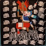 A painting depicting the Goddess Mictecacihuatl, coming out of her mouth is a representation of rebirth in the form of a small humanoid; surrounding her are white skulls on a black background and beneath her is the word "Mictlan" in bone lettering which is the indigenous name for the underworld.