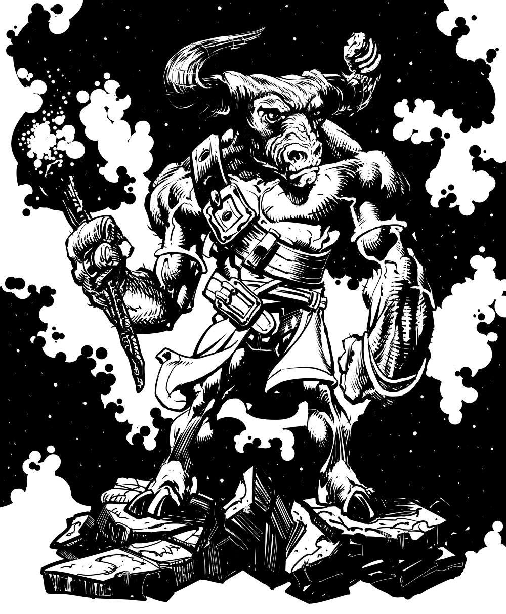 Black and white illustration, fanciful Bullman, standing in Space.