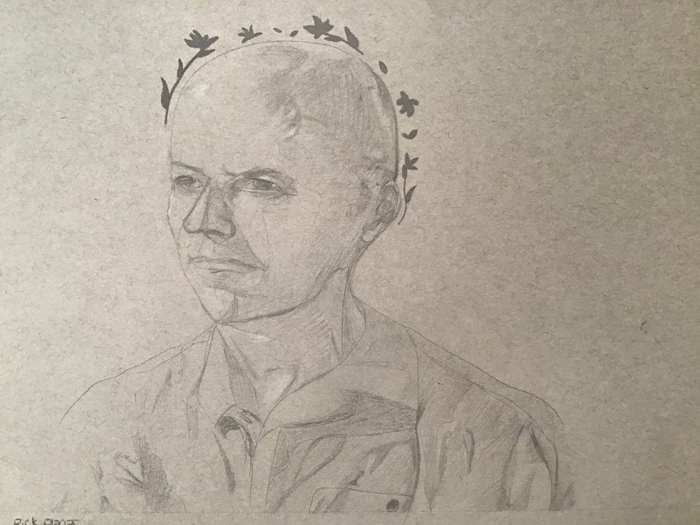 A drawing of a man looking ahead on gray-tone paper, wearing a collared shirt with flowers above his head.