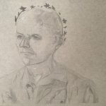 A drawing of a man looking ahead on gray-tone paper, wearing a collared shirt with flowers above his head.