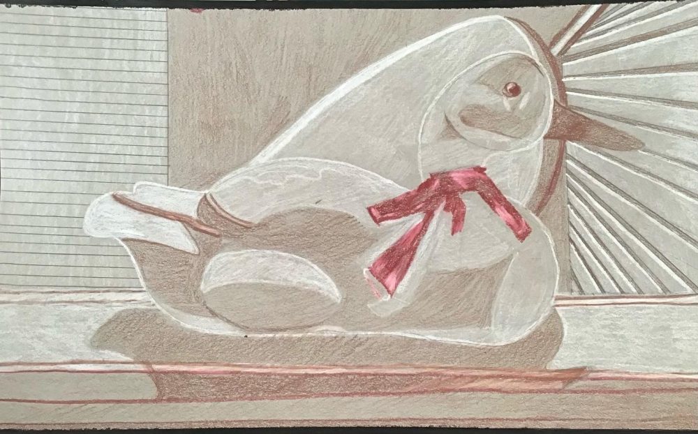 A drawing of a duck sitting on a ledge with a red ribbon around its neck.