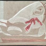 A drawing of a duck sitting on a ledge with a red ribbon around its neck.