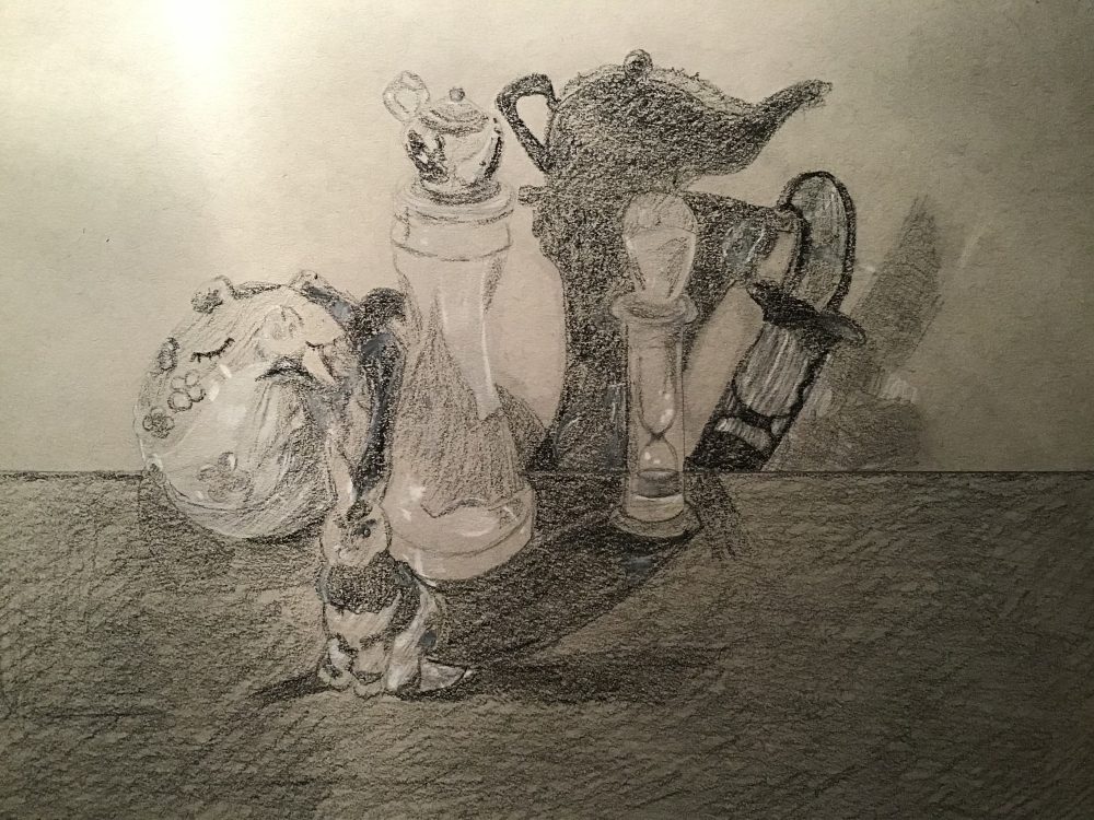 A still-life drawing consisting of a ceramic pig, a glass rabbit figure, a teapot figurine on top of a plastic twisted cylindrical container, and an owl figurine on top of a mini hourglass.