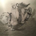 A still-life drawing consisting of a ceramic pig, a glass rabbit figure, a teapot figurine on top of a plastic twisted cylindrical container, and an owl figurine on top of a mini hourglass.