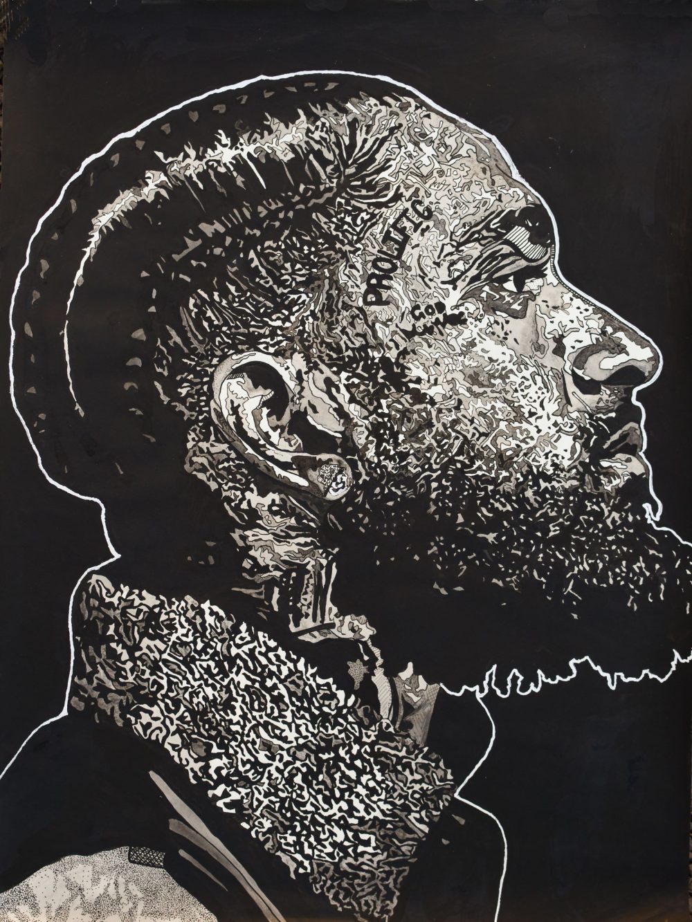 A black and white drawing with ink of the side profile of the artist Nipsey Hustle.