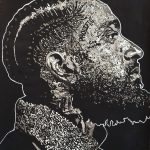 A black and white drawing with ink of the side profile of the artist Nipsey Hustle.