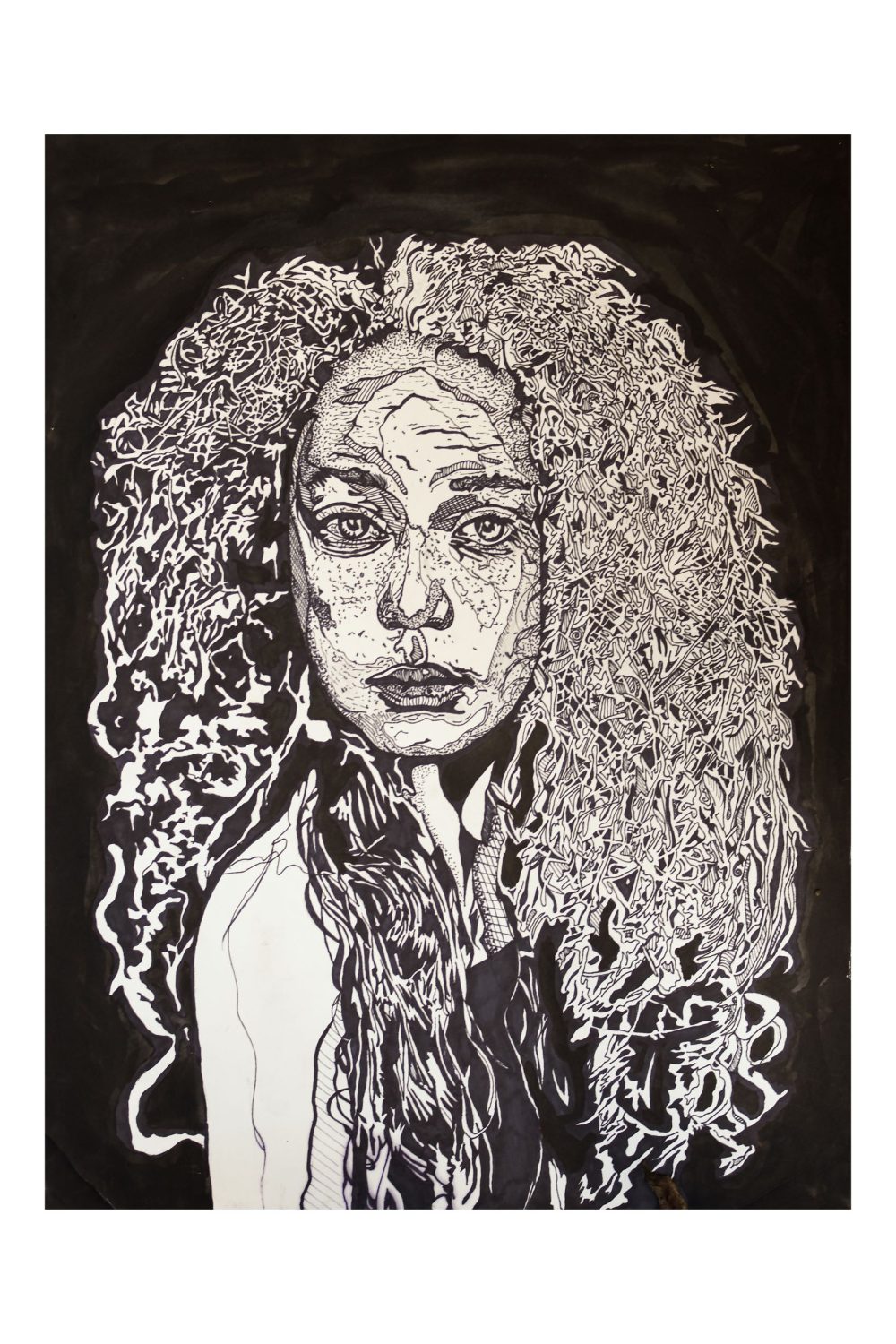 A black and white drawing with ink on paper of a young mixed woman with large flowing curly hair and freckles all over, black and white etching patterns to give the illusion of darkness or light areas.