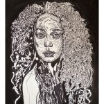 A black and white drawing with ink on paper of a young mixed woman with large flowing curly hair and freckles all over, black and white etching patterns to give the illusion of darkness or light areas.
