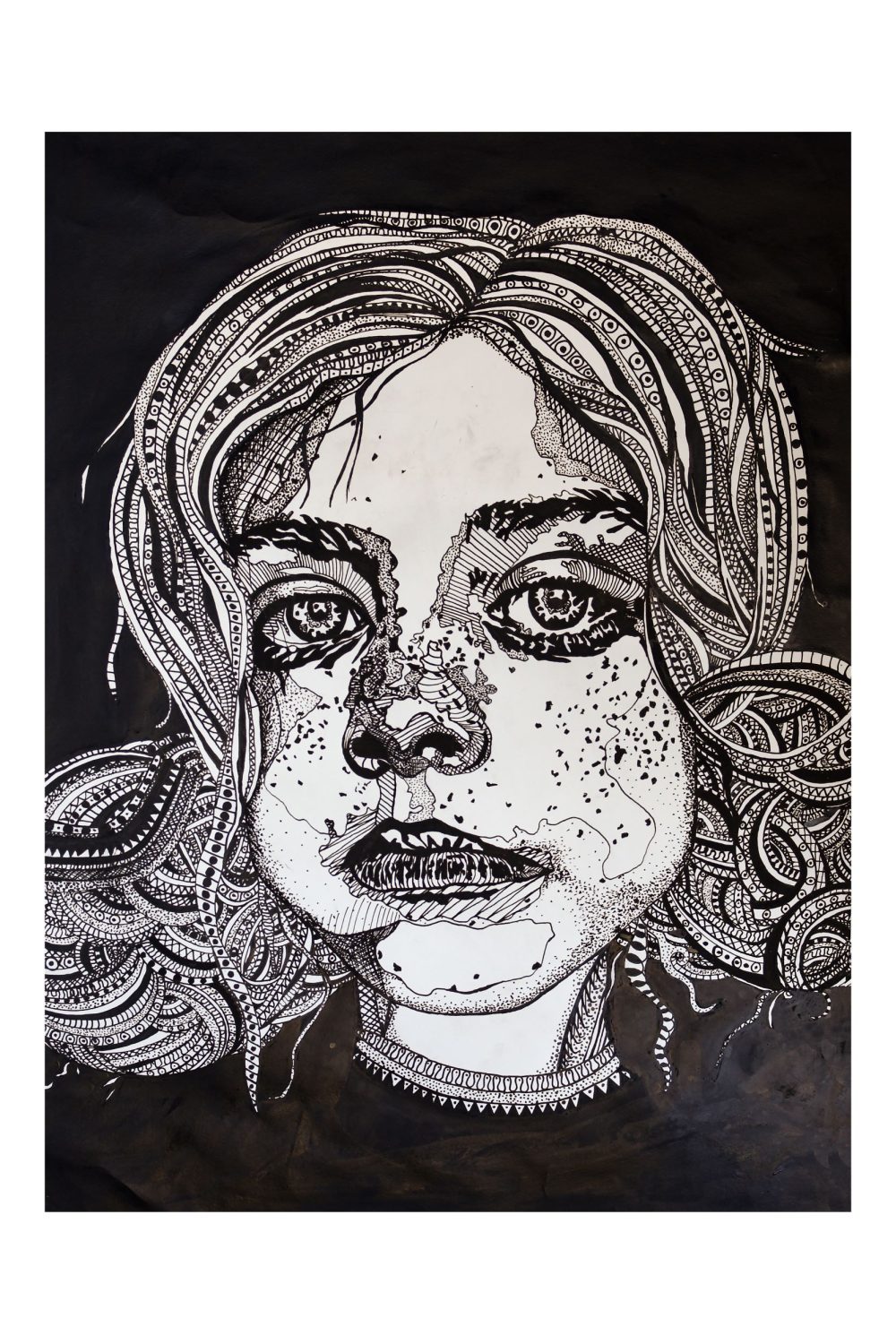A black and white drawing with ink on paper of a young girl with big doughy eyes, her hair is starting to come out of her side buns and her face is sweet but fierce.