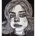 A black and white drawing with ink on paper of a young girl with big doughy eyes, her hair is starting to come out of her side buns and her face is sweet but fierce.