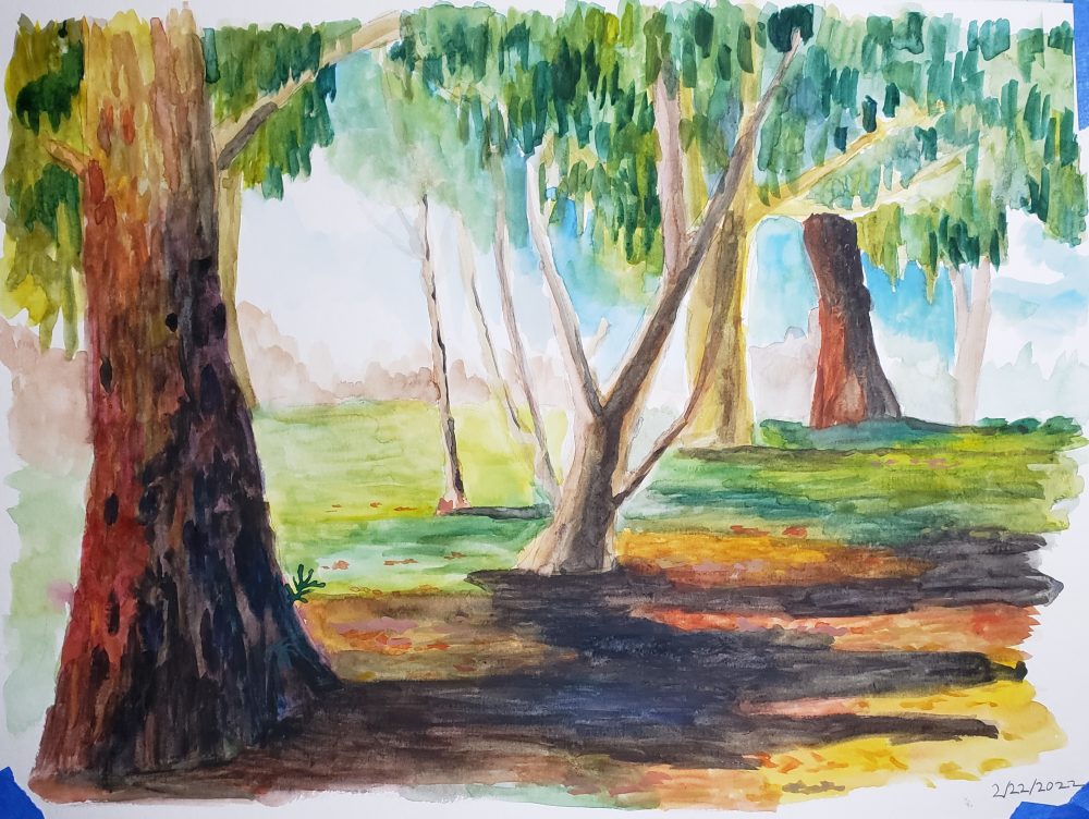 A watercolor landscape of trees on a sunny day.