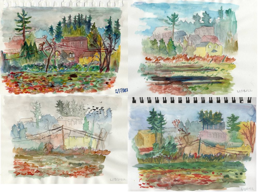 Four paintings of the same landscape on four consecutive days.