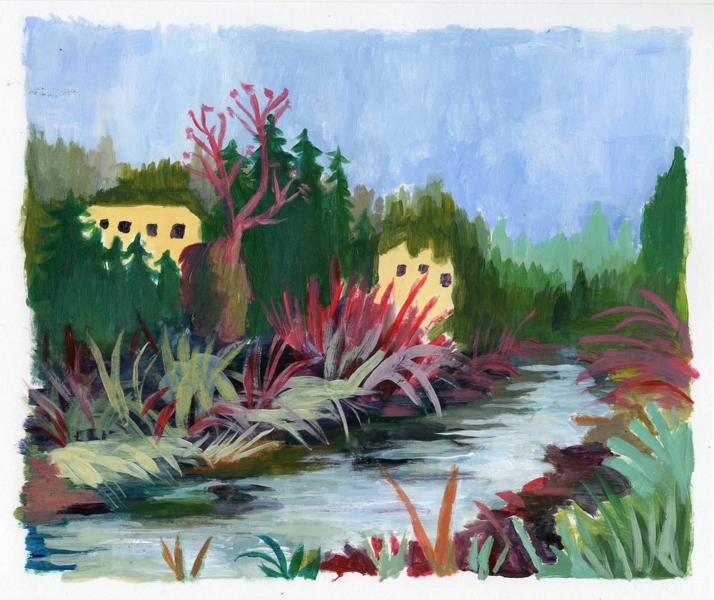 A painting of a creek running through some bushes with houses in the background.
