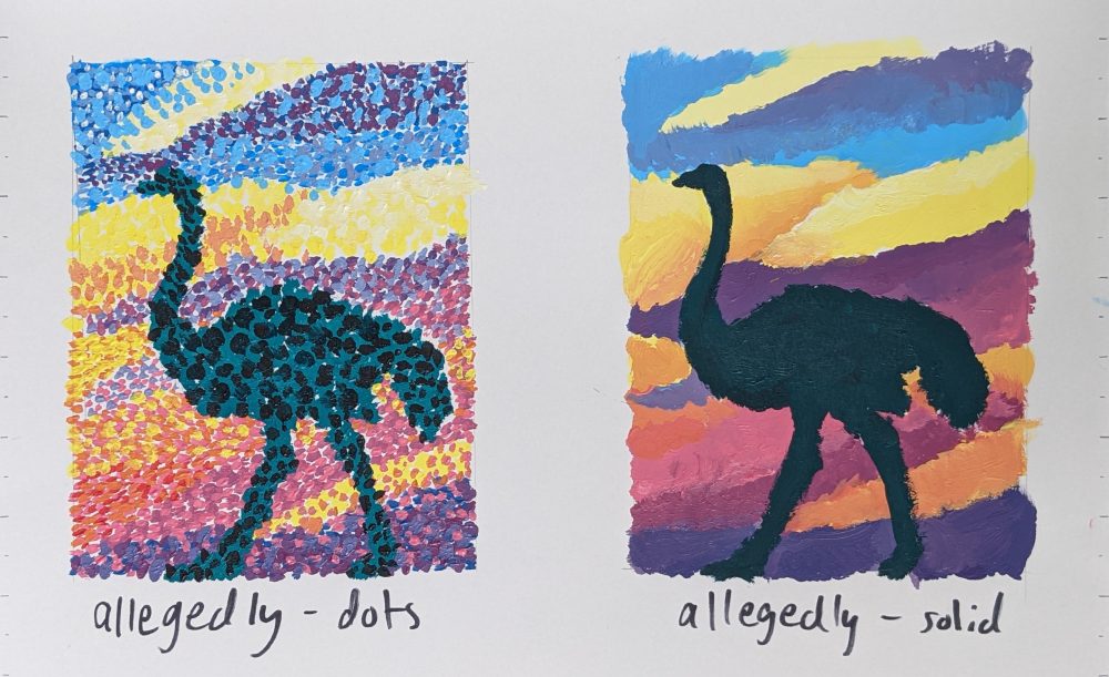 A painting of two dark ostriches standing in the sunset, one half is composed of large dots and the other half is made of solid colors.