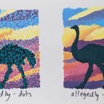 A painting of two dark ostriches standing in the sunset, one half is composed of large dots and the other half is made of solid colors.