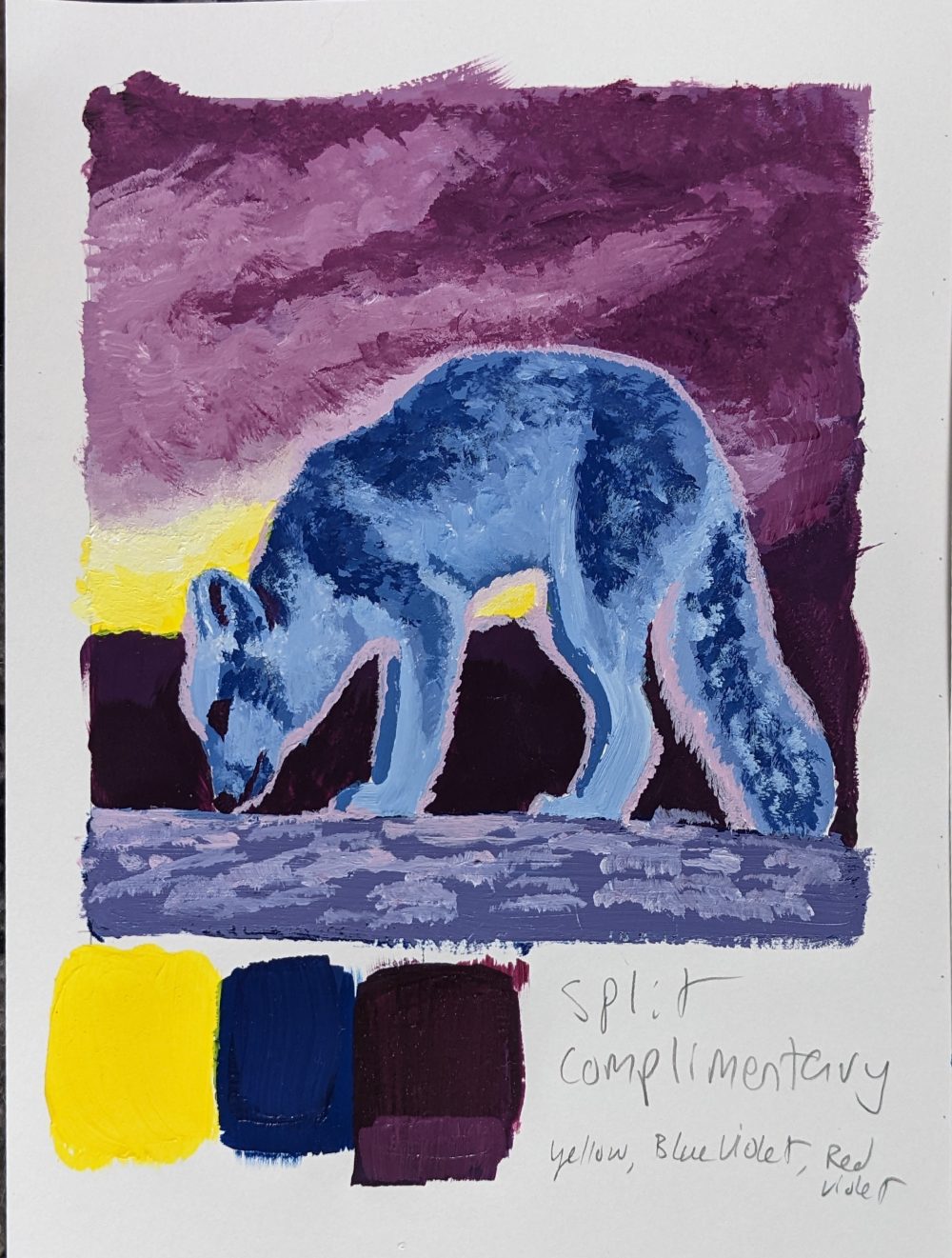 A painting of a blue shadowed arctic fox sniffs the ground, with a background of a cloudy reddish violet sky and glowing yellow setting sun.