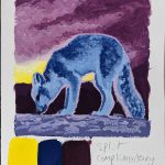 A painting of a blue shadowed arctic fox sniffs the ground, with a background of a cloudy reddish violet sky and glowing yellow setting sun.