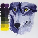 Painting of a purple wolf face with yellow eyes and a color scale 8 boxes tall that goes from violet at the top to yellow at the bottom with toned greys in the middle.