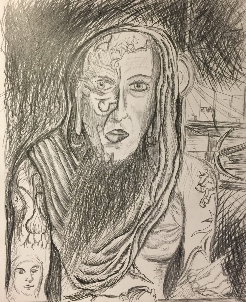 A self portrait of me facing my gender fluid queer self.