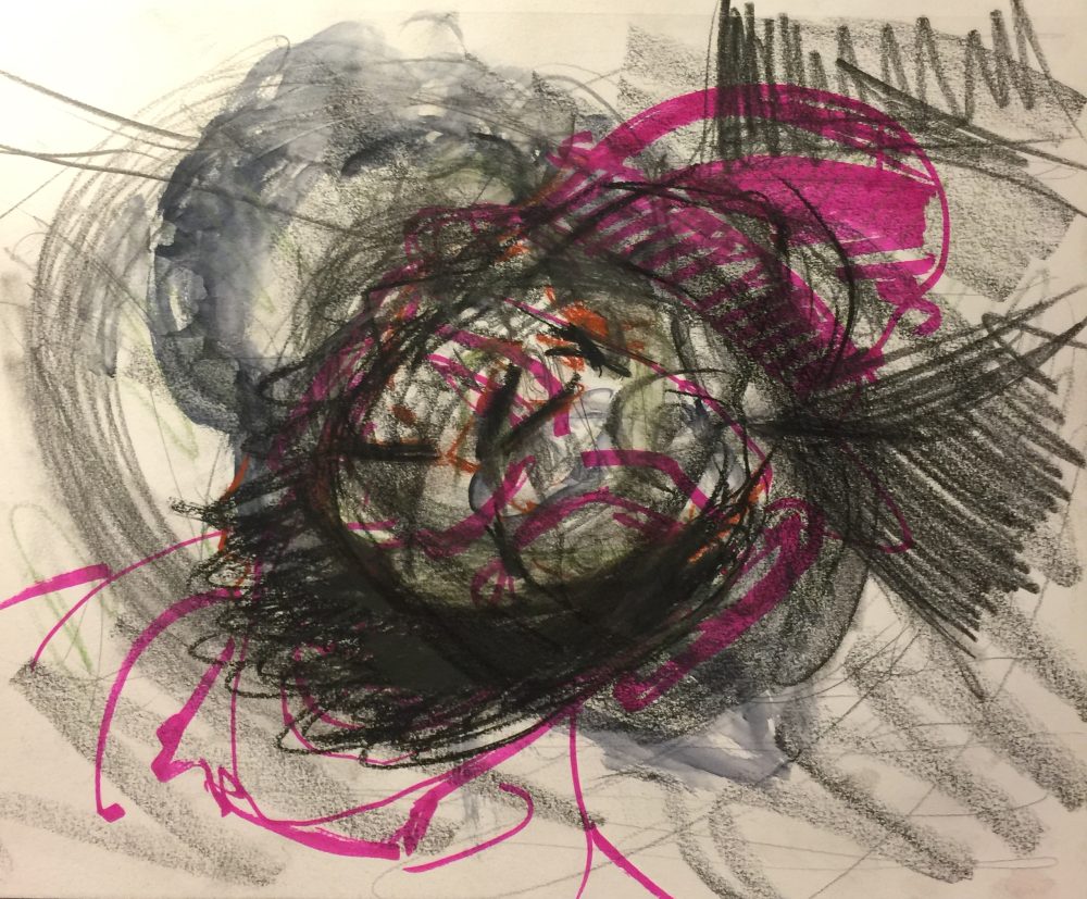 An abstract drawing of round shapes in graphite with pink highlights.