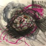 An abstract drawing of round shapes in graphite with pink highlights.