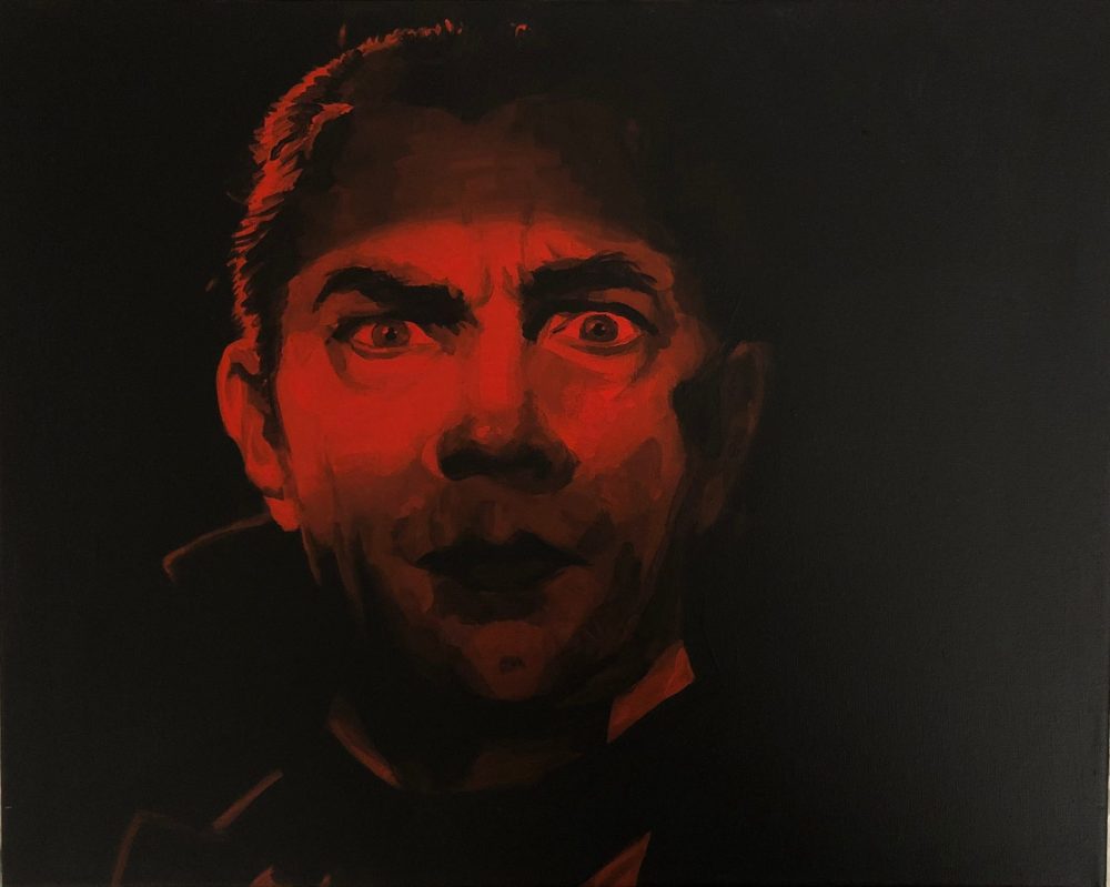 A black and red portrait of Dracula, on a horizontal stretched canvas, the background being pure black, he is slightly off center to the left, and red light lays across only the middle of his face, being the brightest red, and the rest being darker reds and black.
