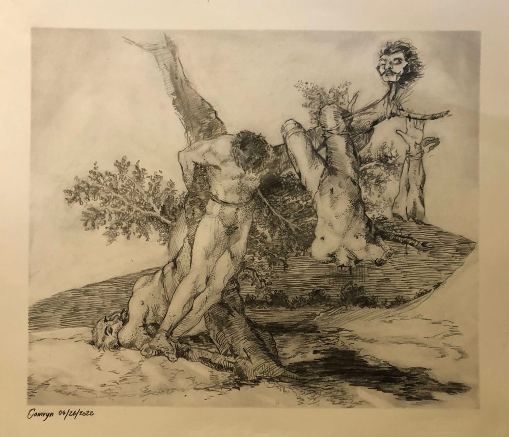 In a paper and graphite drawing, two naked figures on the left and middle are tied to a tree with rope, and another hangs from a tree branch, dismembered, on the left; the latter’s arms also hang farther along the branch, separate from the rest of the body, and the head placed upon the end of the branch.