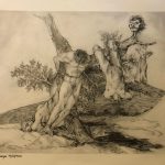 In a paper and graphite drawing, two naked figures on the left and middle are tied to a tree with rope, and another hangs from a tree branch, dismembered, on the left; the latter’s arms also hang farther along the branch, separate from the rest of the body, and the head placed upon the end of the branch.