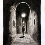 Man walking in light down a dark street.