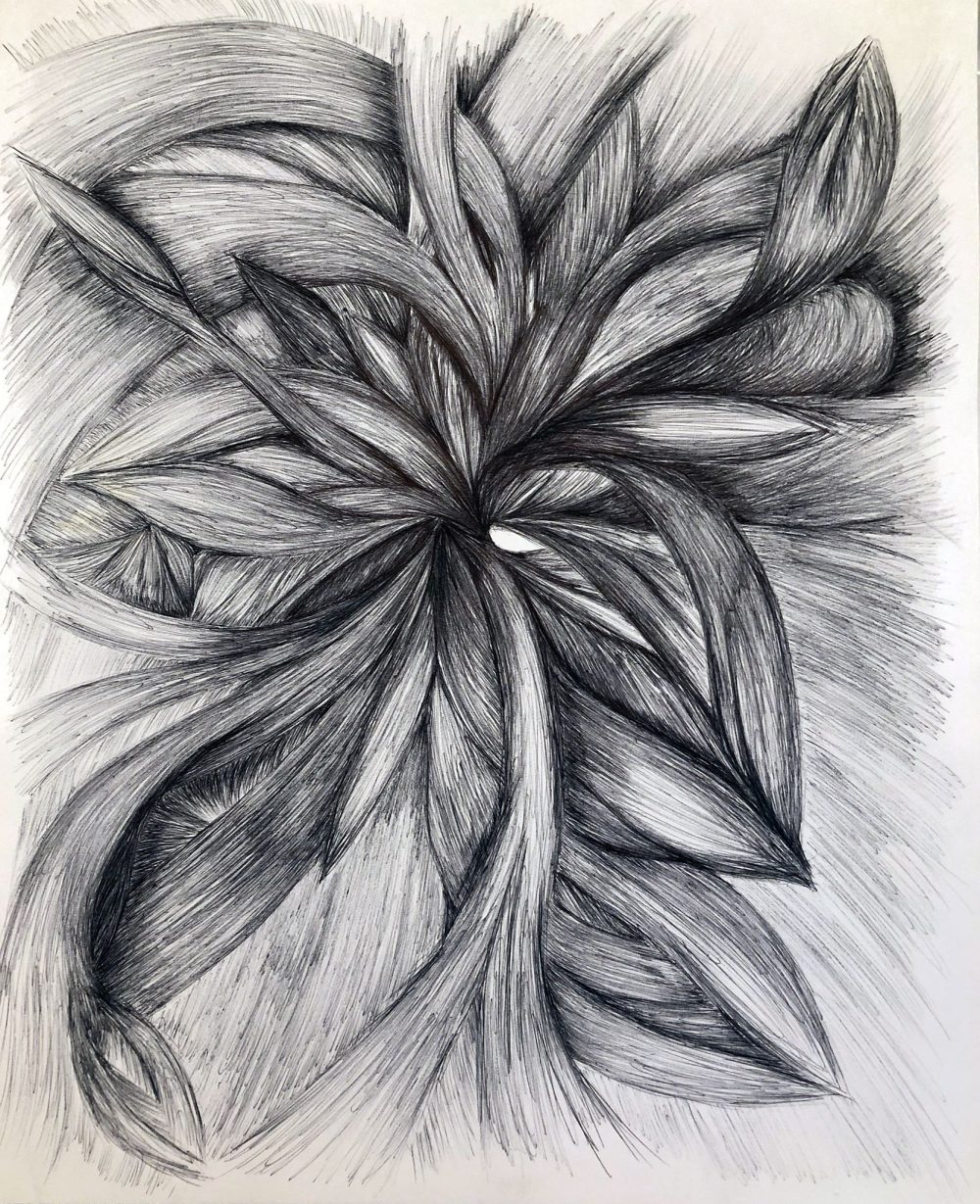 Soft flowing ink doodle with interlacing and overlapping sections.