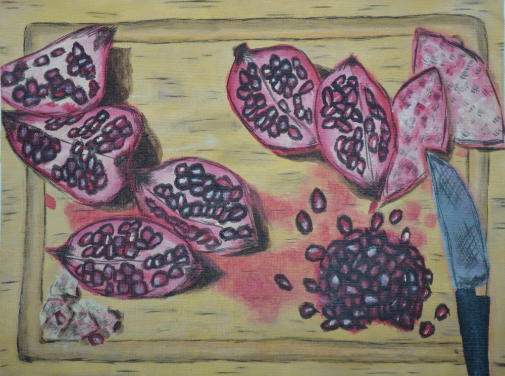 A painting of a wood cutting board that is covered with pomegranate slices, skins, seeds, and a knife in the bottom right corner.