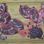 A painting of a wood cutting board that is covered with pomegranate slices, skins, seeds, and a knife in the bottom right corner.