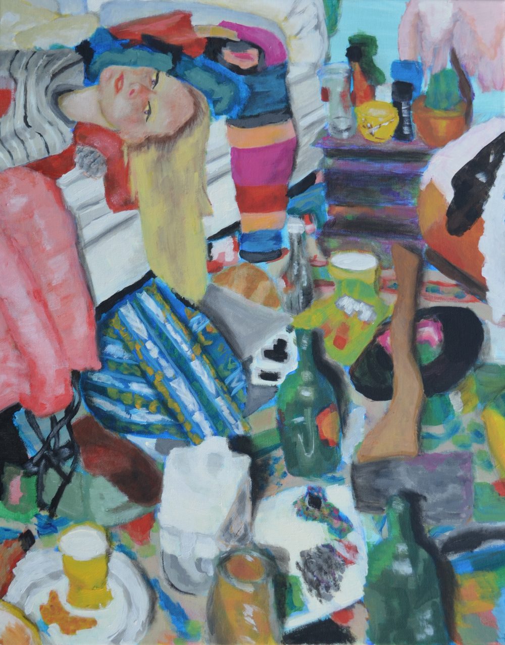 A painting of a woman's very messy room: the ground is littered with trash, bottles, and kitchen wear; the woman lays on her bed in the upper left corner looking at the viewer with a tired expression.