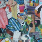 A painting of a woman's very messy room: the ground is littered with trash, bottles, and kitchen wear; the woman lays on her bed in the upper left corner looking at the viewer with a tired expression.