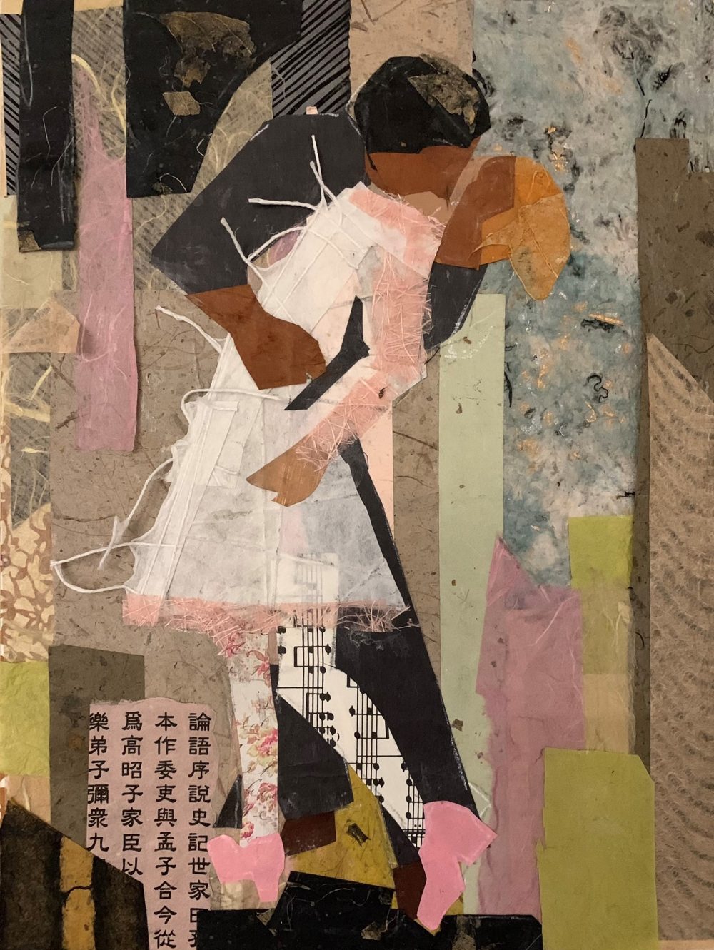 This collage shows a man in dark clothes kissing a woman in a white dress.