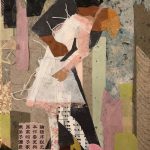 This collage shows a man in dark clothes kissing a woman in a white dress.