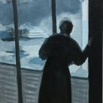 A dark figure in a dark room is looking out a window at a landscape in dim light.