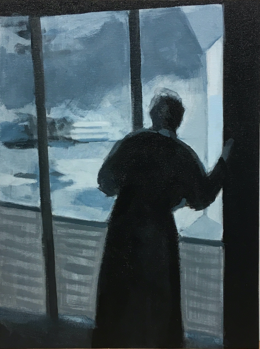 A dark figure in a dark room is looking out a window at a landscape in dim light.