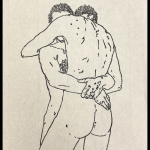 Two men, nude, embracing.