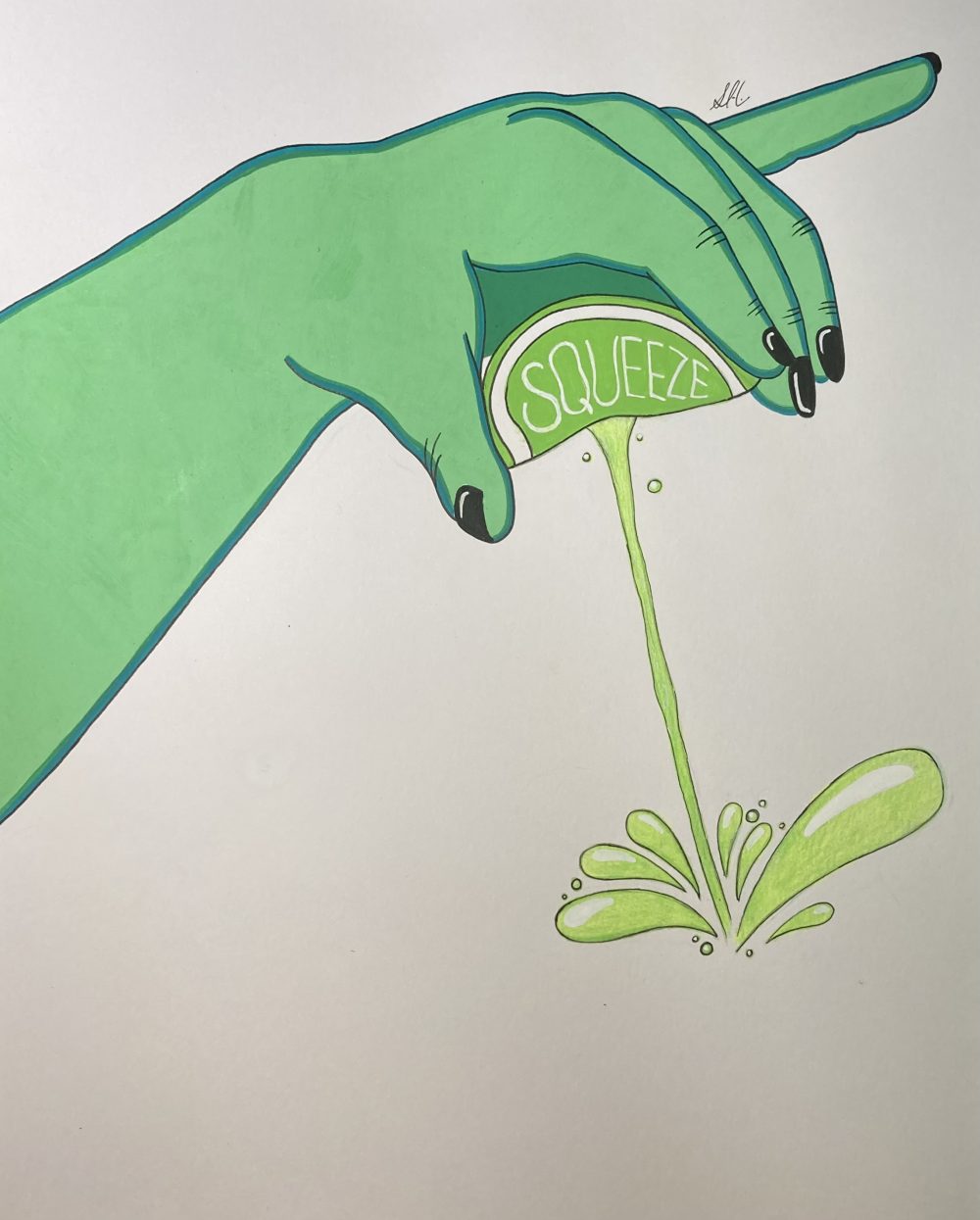 A painting of a green hand squeezing a lime wedge that says “SQUEEZE” in white text and a stream of lime juice coming out.