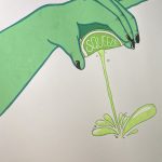 A painting of a green hand squeezing a lime wedge that says “SQUEEZE” in white text and a stream of lime juice coming out.