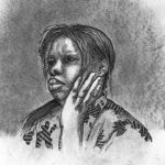 A black and white charcoal drawing of a young woman with her hand on her cheek.